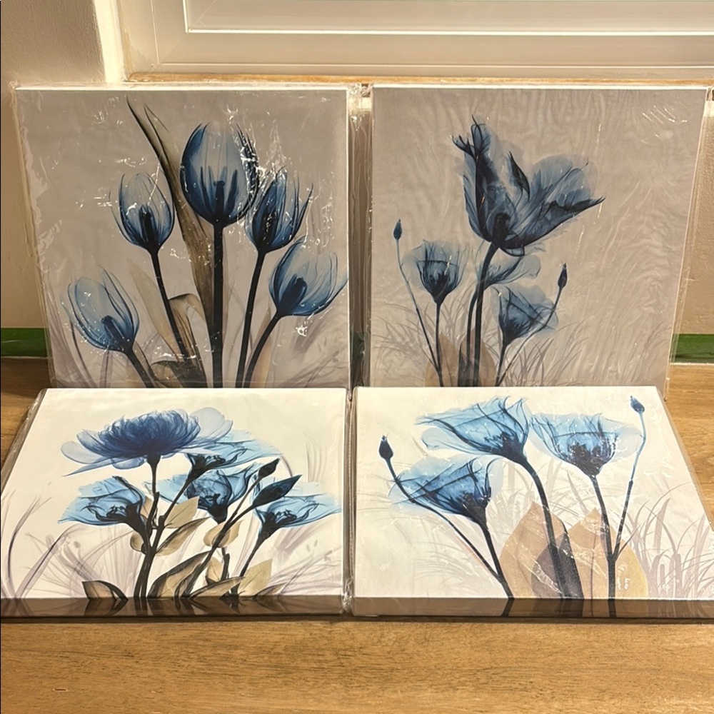 Blue and Brown Floral Art Canvas Set